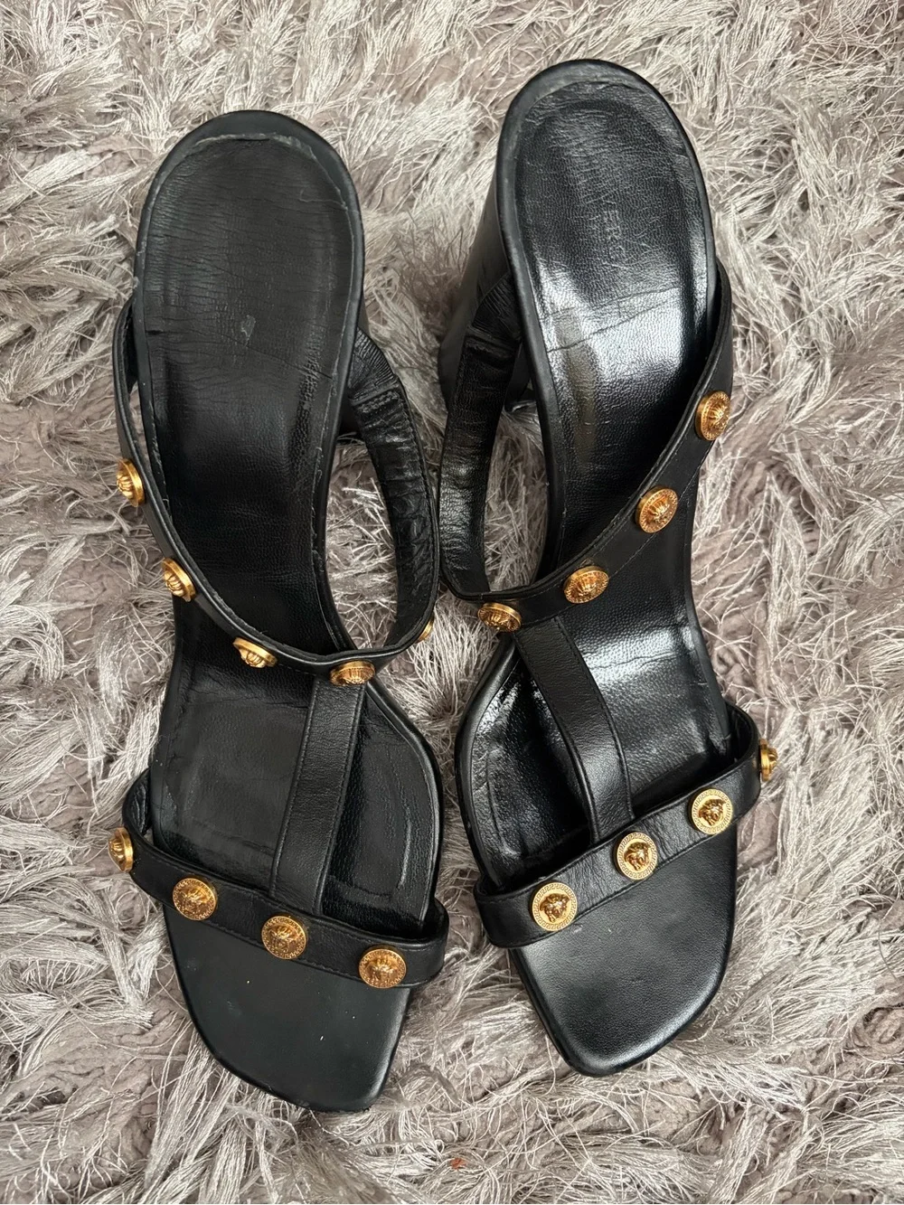 Versace Black Leather Gold-Medallion Heeled Sandals